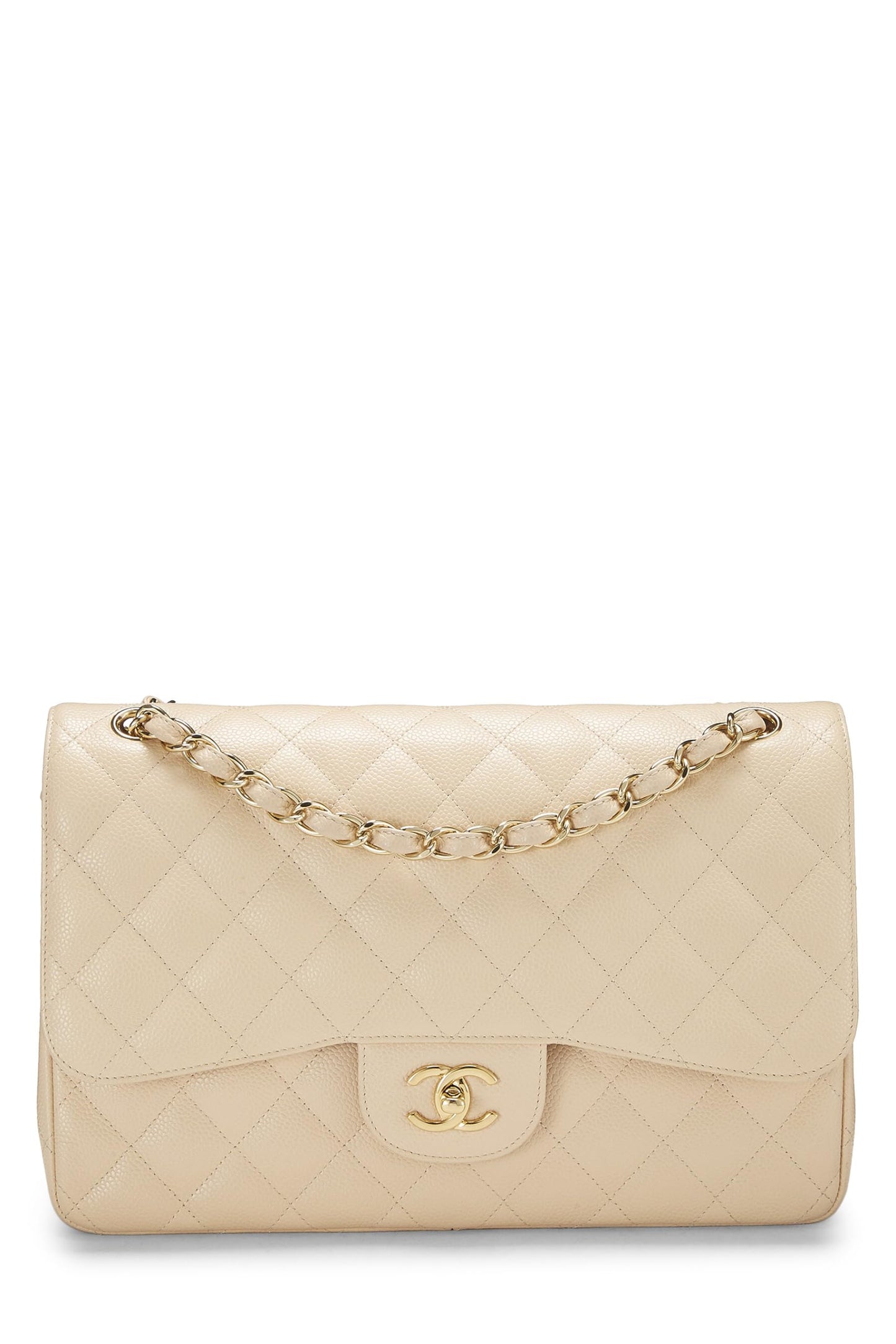 Chanel, sac à main jumbo à double rabat matelassé beige caviar, neuf et d'occasion, beige