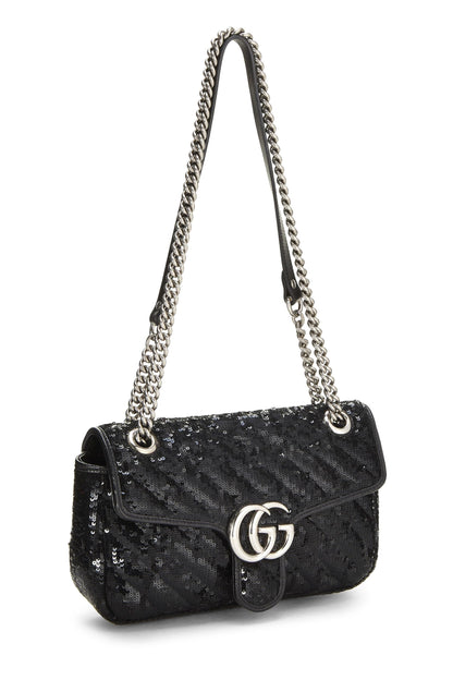 Gucci, sac à bandoulière GG Marmont à sequins noirs d'occasion, petit modèle, noir