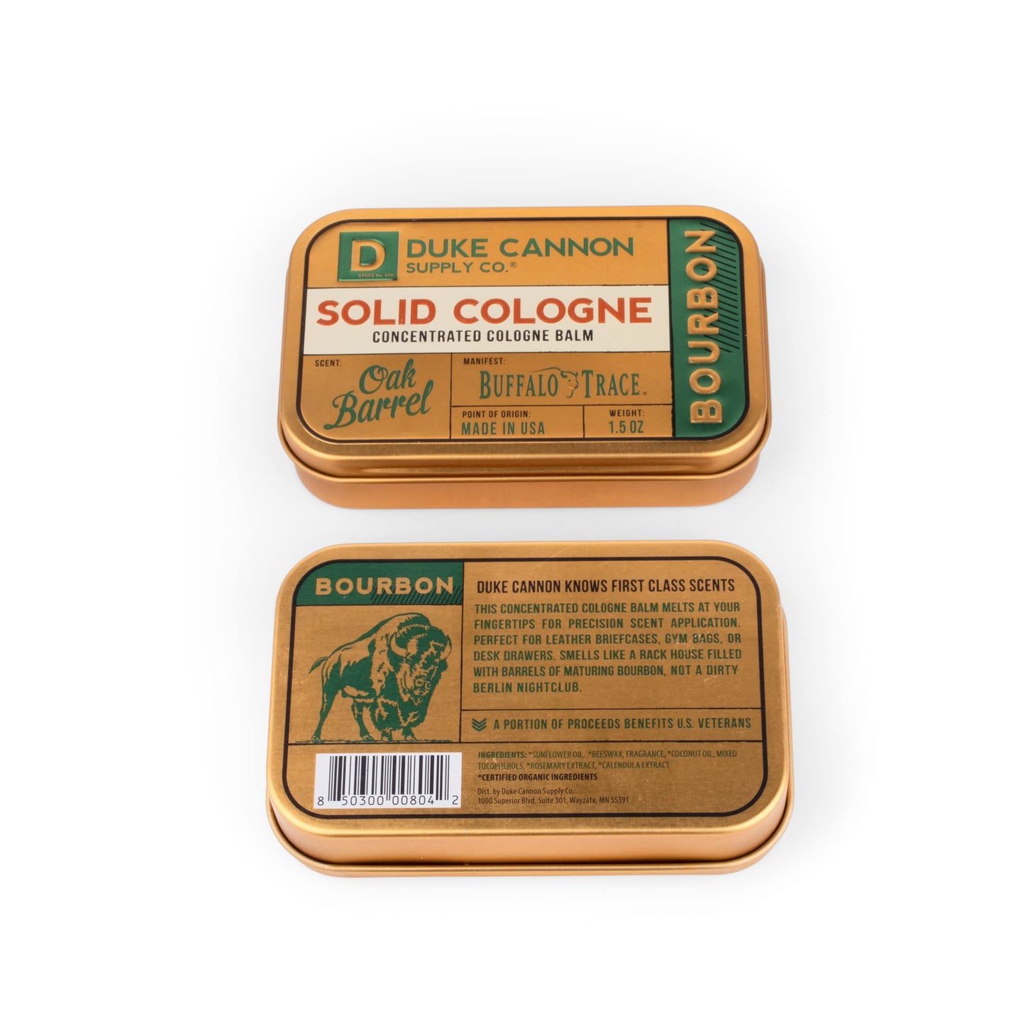 Colonia sólida para hombres Duke Cannon - Bourbon | Bálsamo de colonia concentrado | Elaborado con ingredientes naturales y orgánicos | Aroma a barrica de roble amaderado | Lata apta para viajes | 1,5 oz