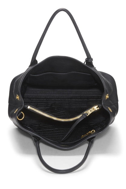 Prada, sac fourre-tout à double bouton-pression Vitello Daino noir d'occasion, taille moyenne, noir