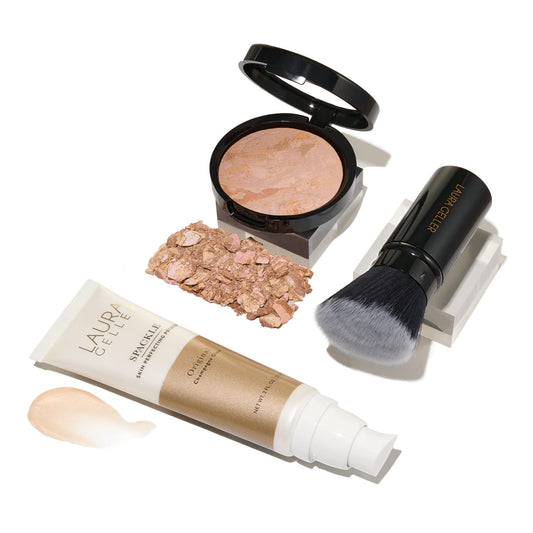 LAURA GELLER NEW YORK Everyday Routine Kit - Baked Balance-N-Brighten Color Correcting Powder Foundation, Fair + Retractable Angled Kabuki + Spackle Makeup Primer, Champagne Glow (3 PC)