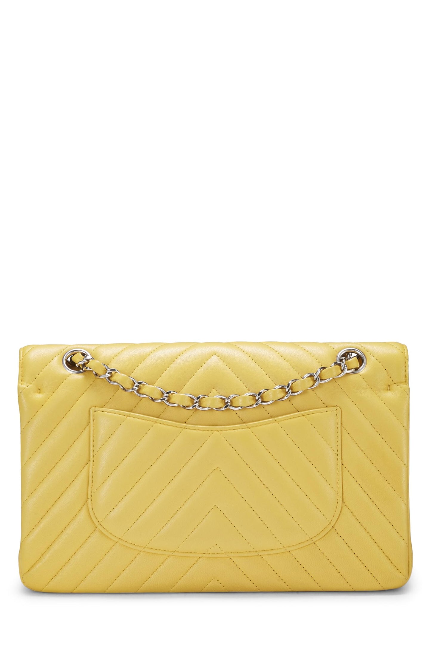 Chanel, sac à main classique à double rabat en cuir d'agneau à chevrons jaune d'occasion, taille M, jaune