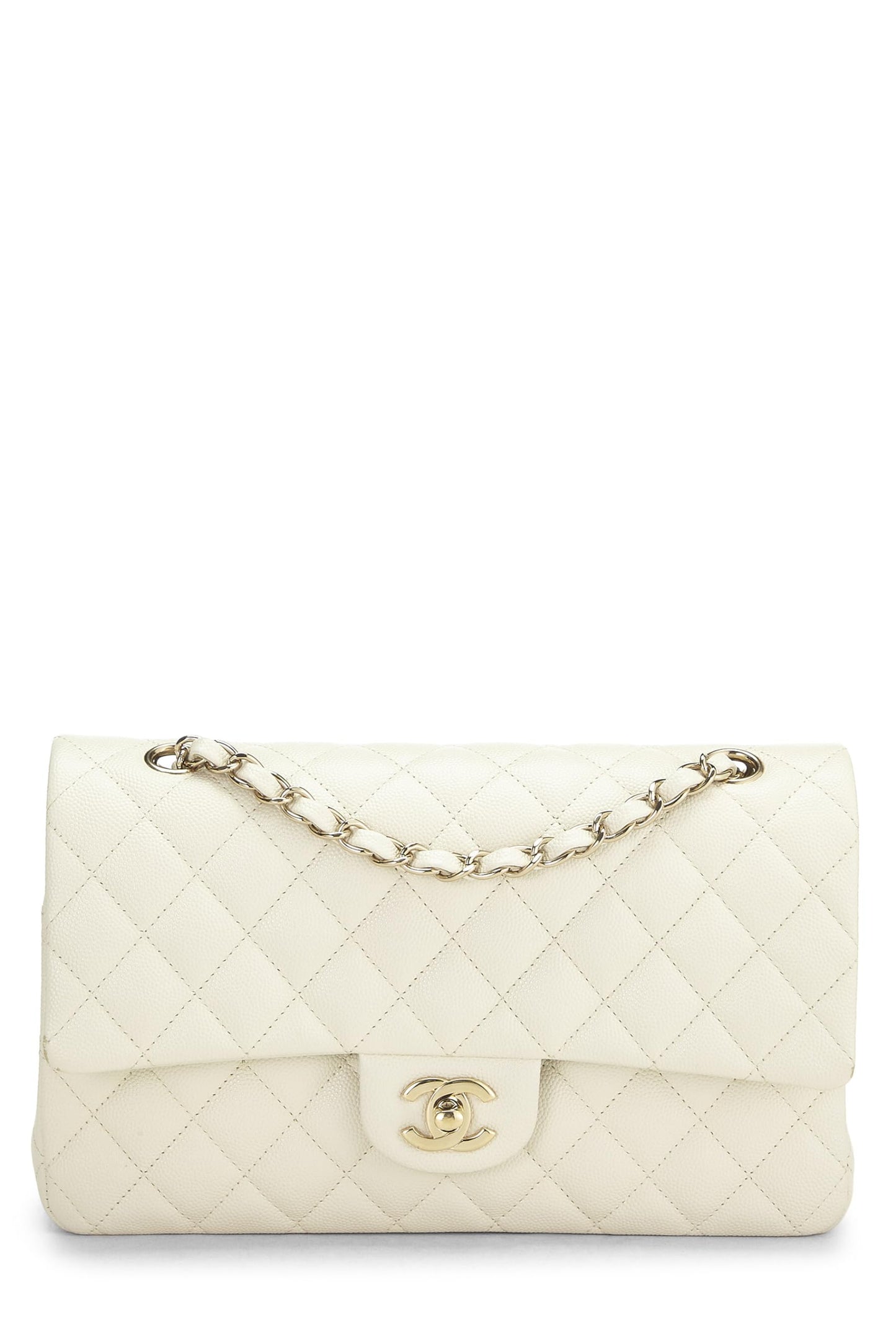 Chanel, sac à main matelassé à double rabat classique Caviar blanc d'occasion, taille M, blanc