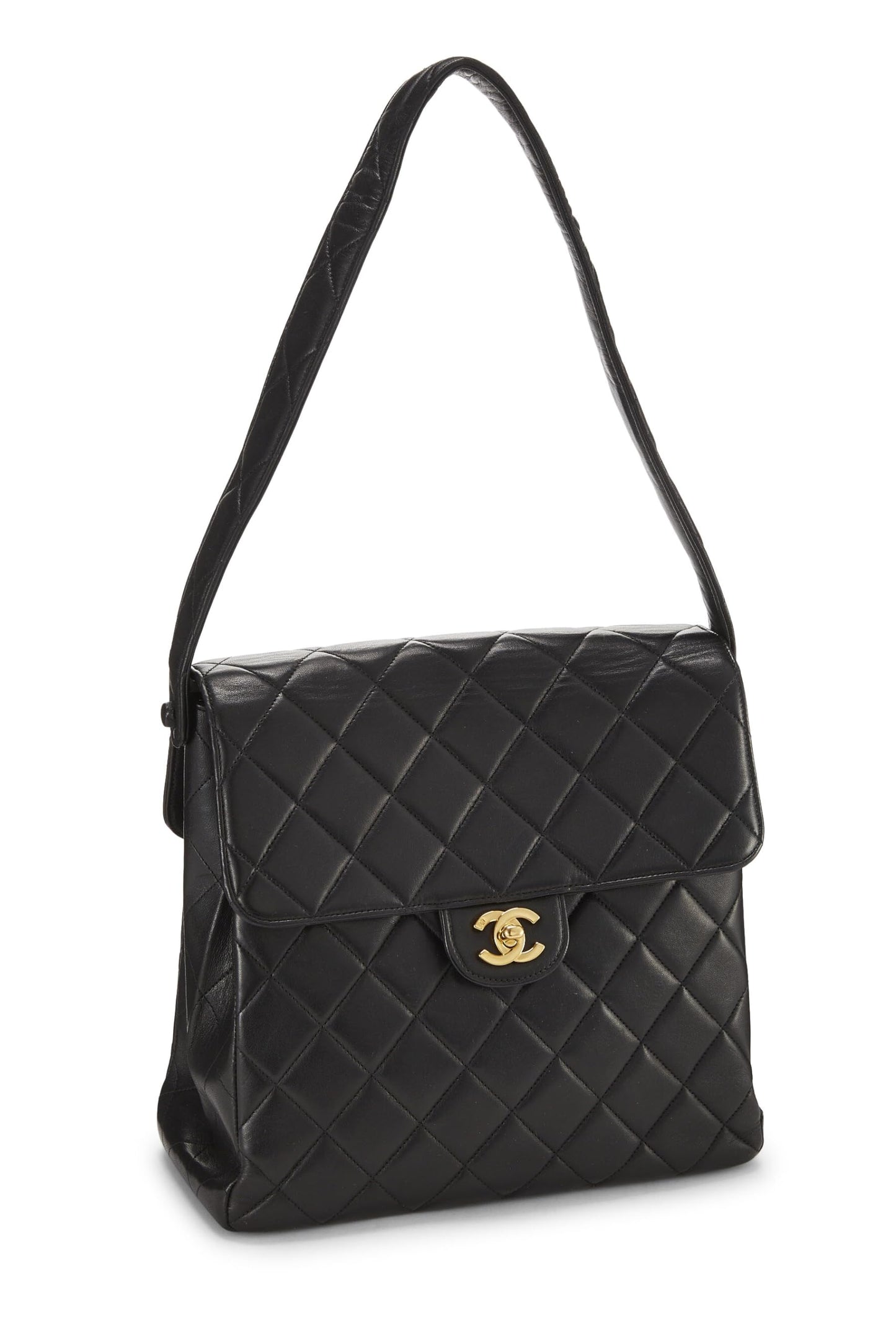 Chanel, Bolso alto con solapa de doble cara y piel de cordero acolchado en negro Pre-Loved, Negro