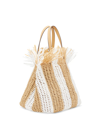 Oscar de la Renta, Medium Striped Raffia Crochet Square Tote, Natural White