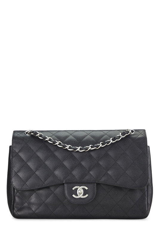 Chanel, sac à main Jumbo à double rabat matelassé noir New Classic d'occasion, noir