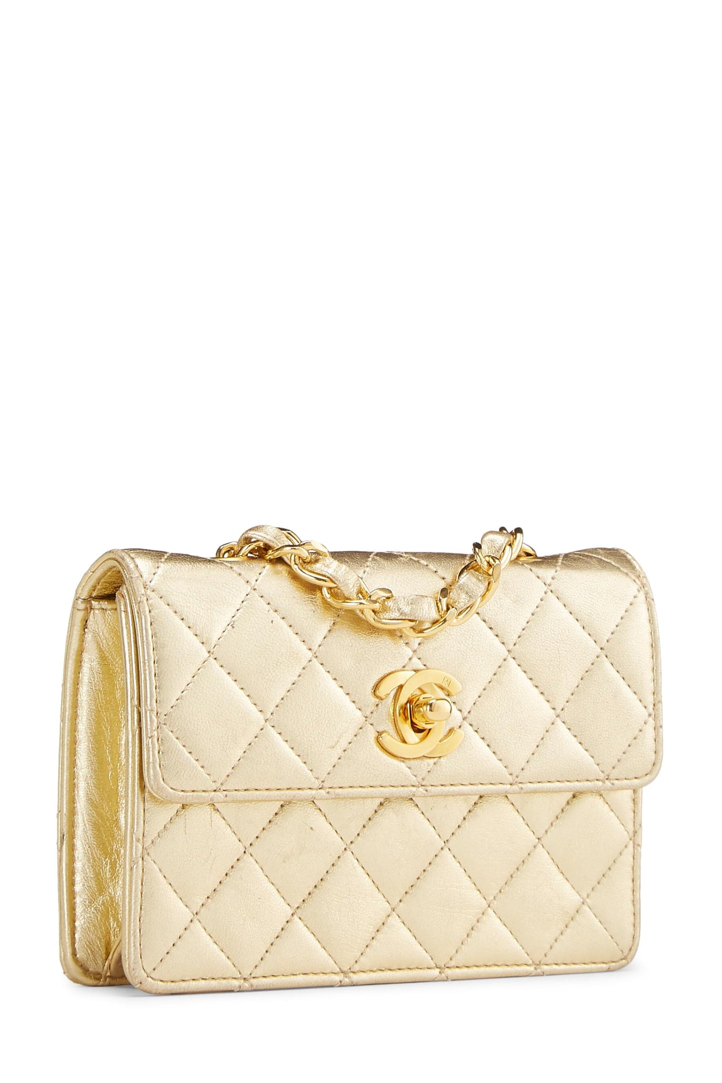 Chanel, Pre-Loved Metallic Gold Quilted Lambskin Half Flap Micro, Gold