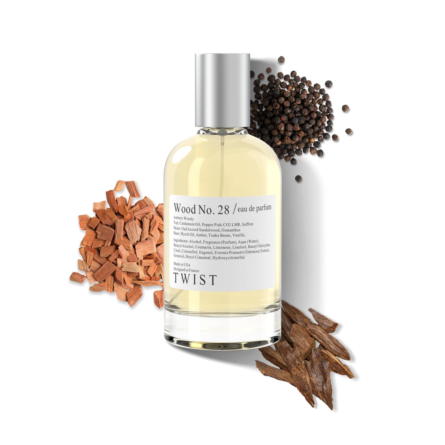 Twist Wood No. 28 - Eau De Parfum inspirado en la madera de Oud de Tom Ford, perfume duradero para mujeres y hombres, sin parabenos, vegano, ingredientes limpios, unisex, fragancia - Spray 100 ml | 3.4 fl. oz.