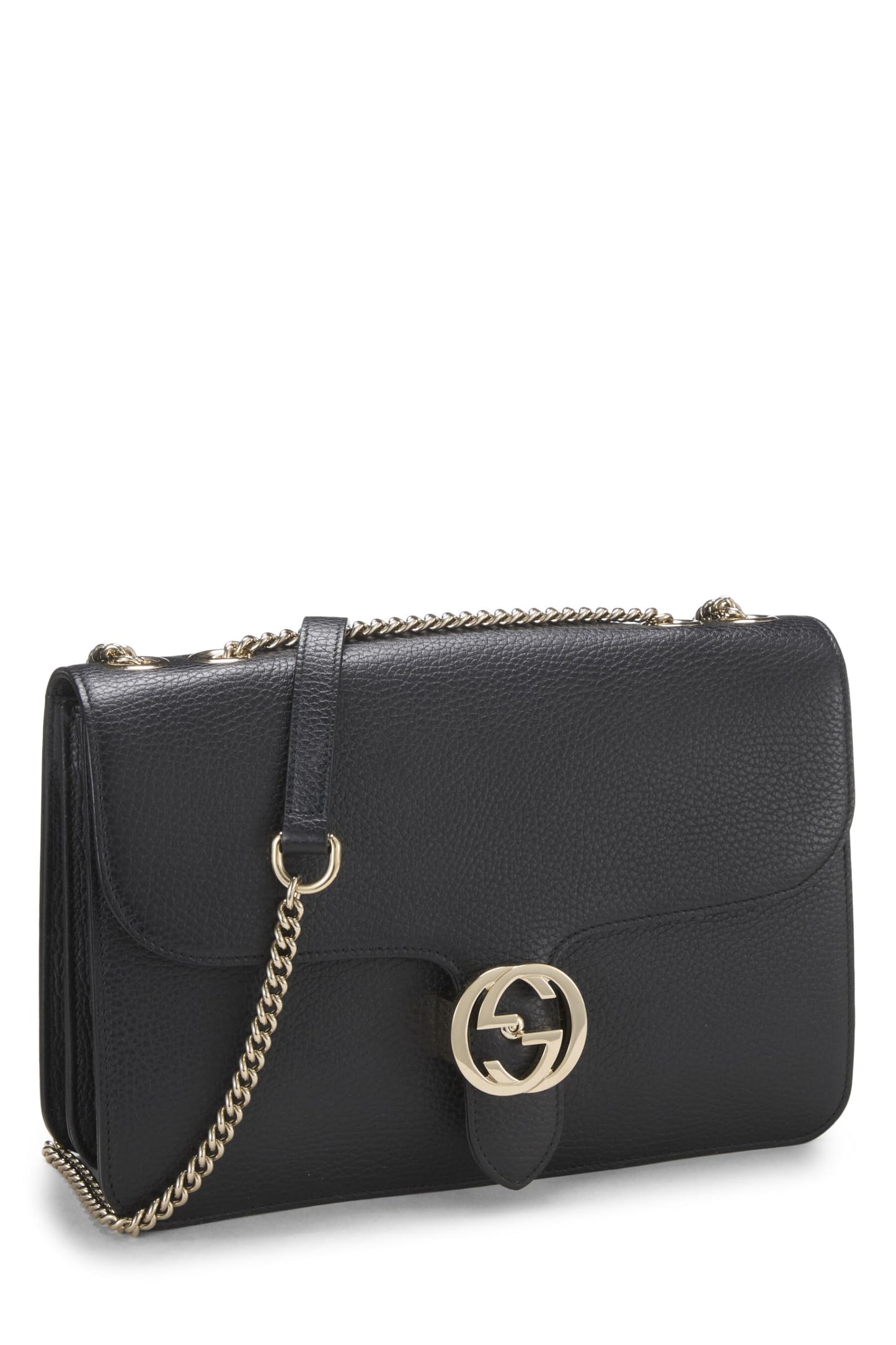 Gucci, Bolso de hombro grande entrelazado de cuero negro Pre-Loved, Negro