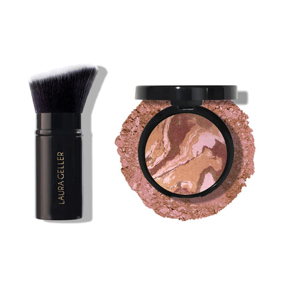 LAURA GELLER NEW YORK Baked Blush-n-Bronze Fard à joues bronzeur 2 en 1, Earthy Bronze + Pinceau kabuki biseauté rétractable