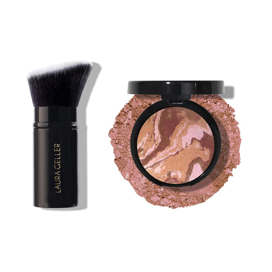 LAURA GELLER NEW YORK Baked Blush-n-Bronze Fard à joues bronzeur 2 en 1, Earthy Bronze + Pinceau kabuki biseauté rétractable