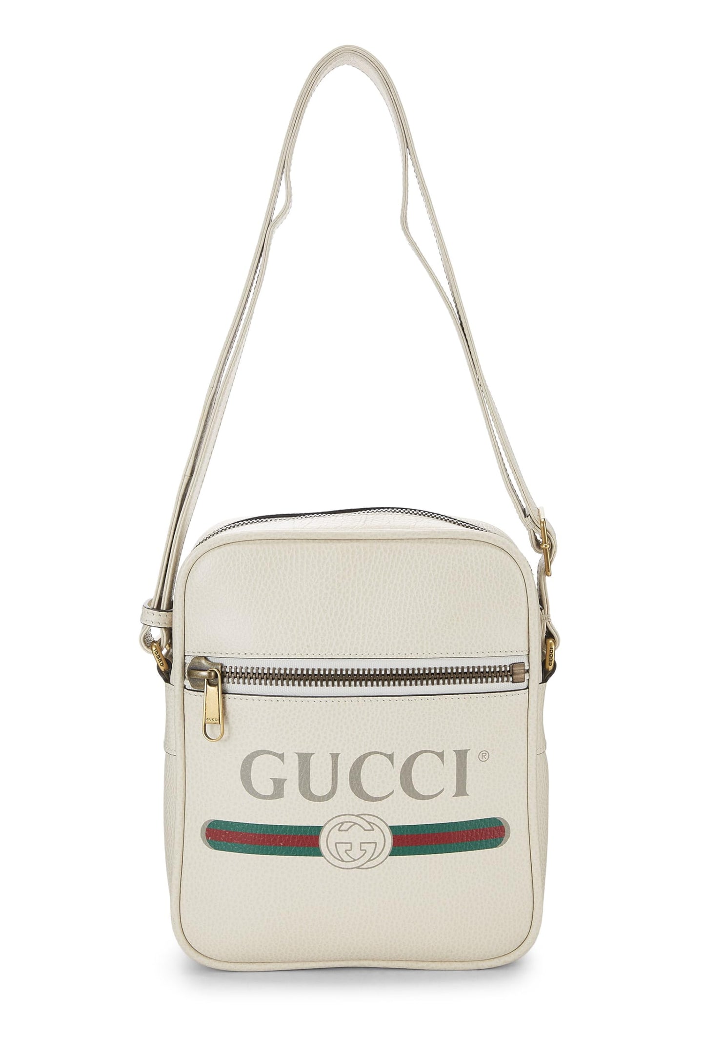 Gucci, sac photo vertical en cuir à imprimé logo blanc, petit modèle, d'occasion, blanc