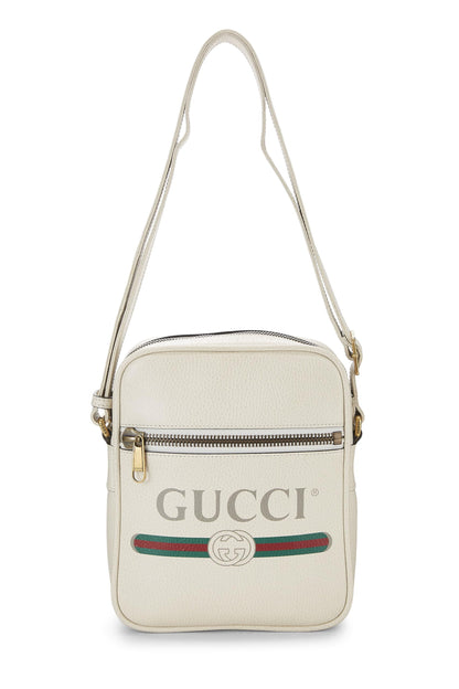 Gucci, Bolso pequeño para cámara vertical de cuero con estampado de logo blanco Pre-Loved, Blanco