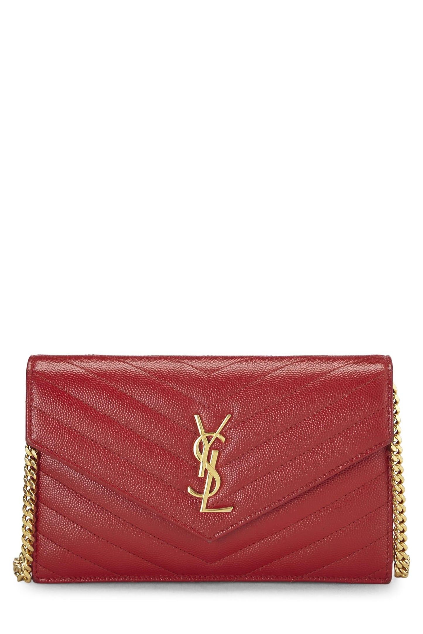 Yves Saint Laurent, Portefeuille enveloppe sur chaîne en cuir de veau grainé rouge d'occasion (WOC), rouge