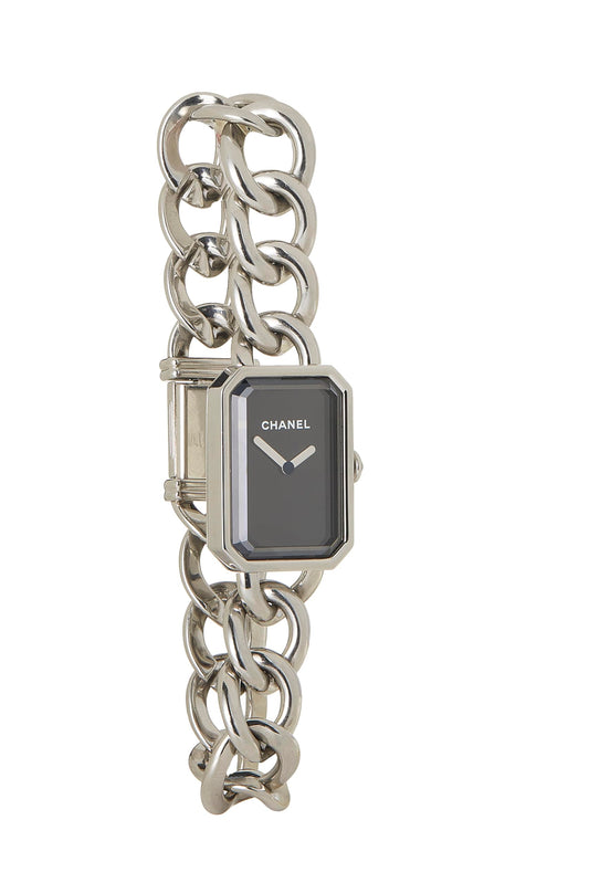 Chanel, Pre-Loved Black & Silver Premiere Gourmette Watch, Silver