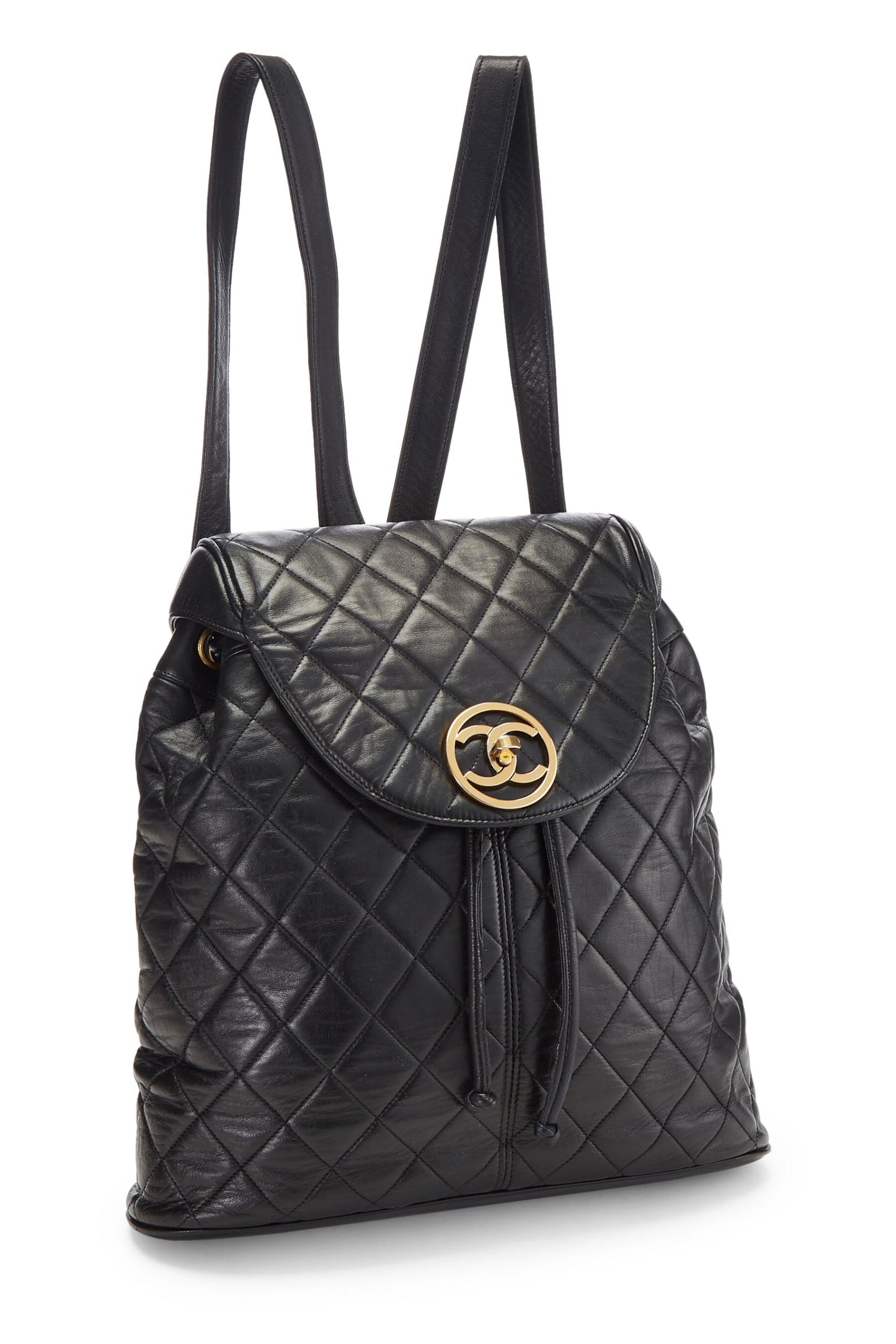 Chanel, Pre-Loved Black Quilted Lambskin Circle Lock Backpack Large, Black