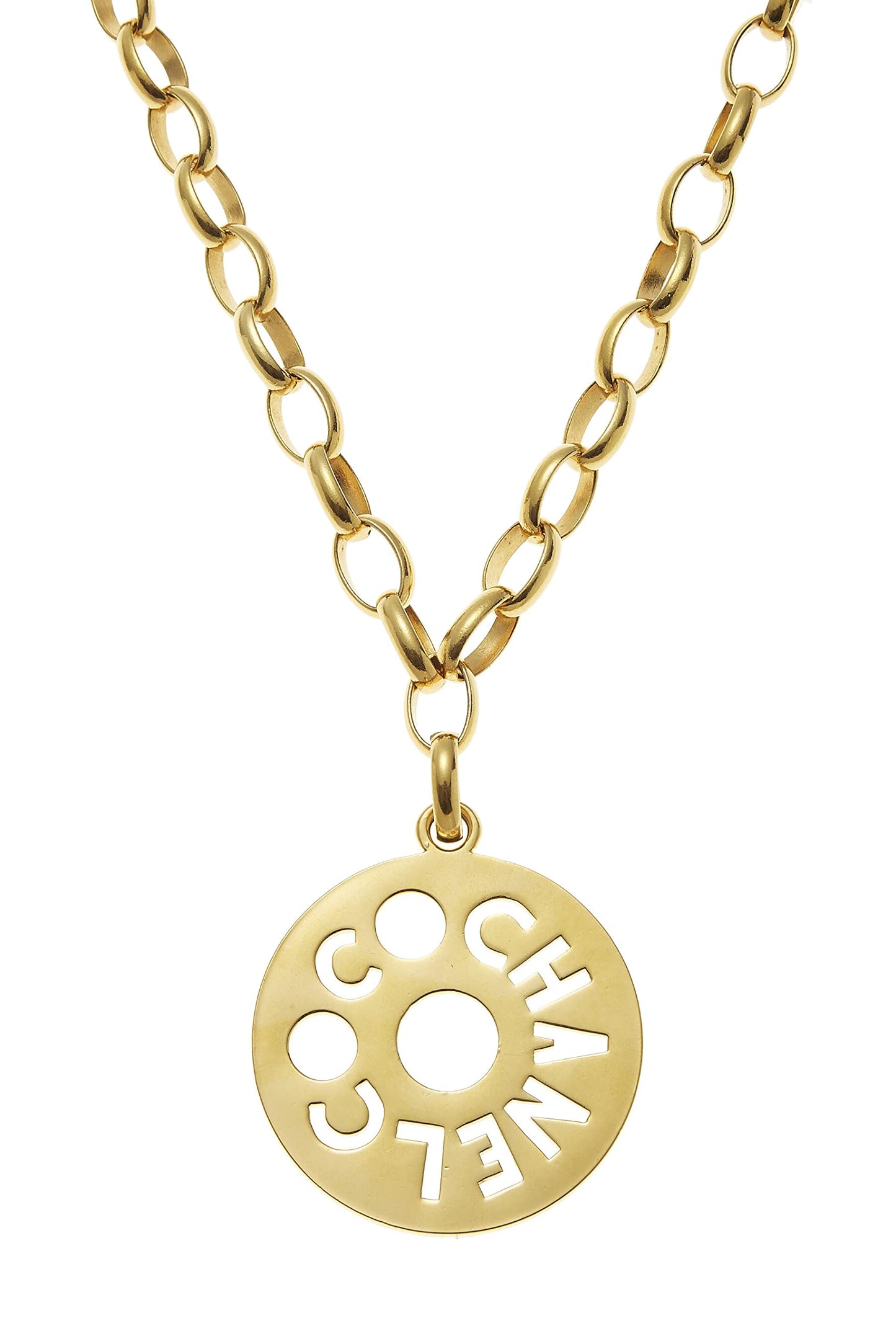 Chanel, Pre-Loved Gold Coco Chain Round Cutout Pendant Necklace Large, Gold