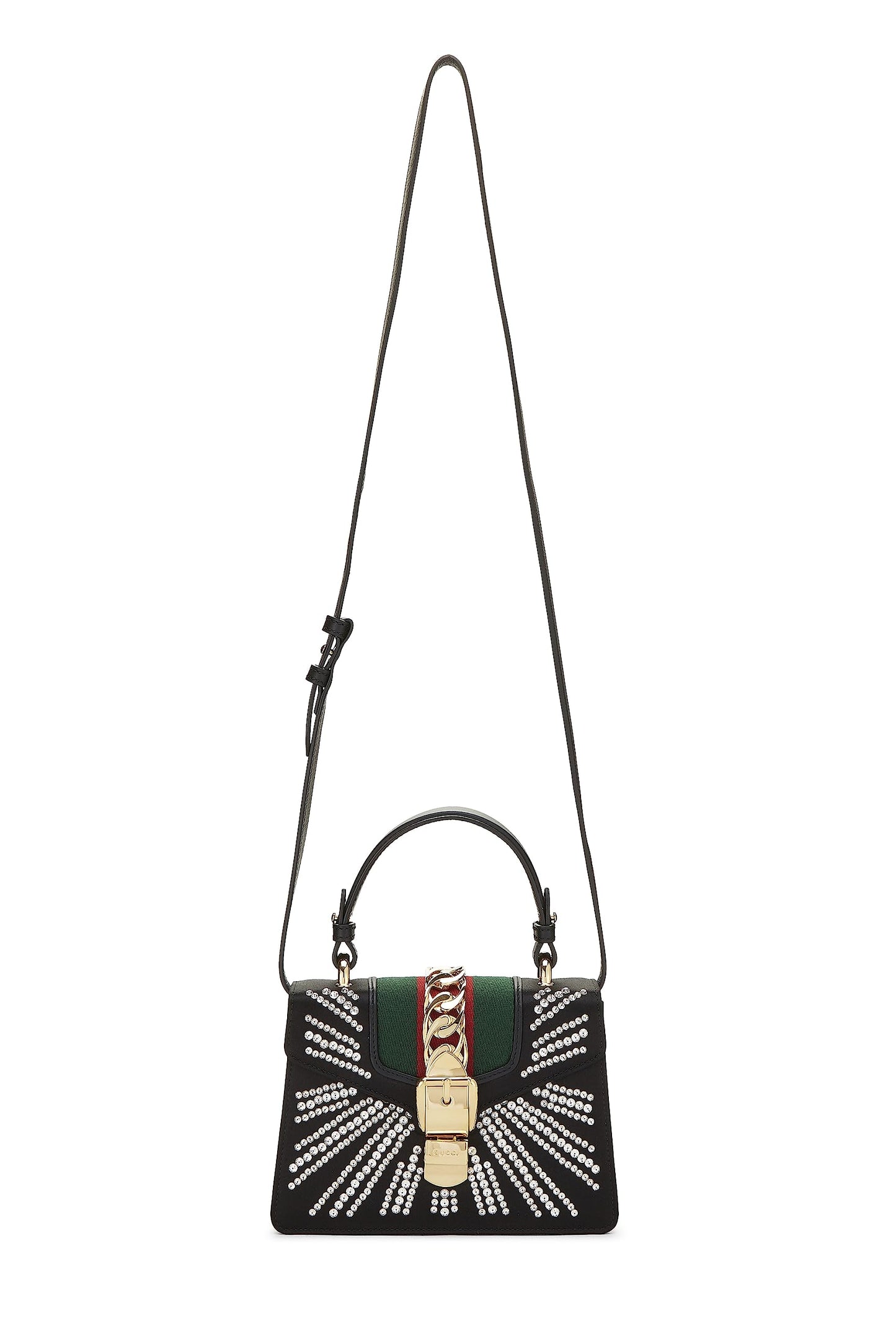 Gucci, sac à main Sylvie Mini en satin noir et cristaux d'occasion, noir