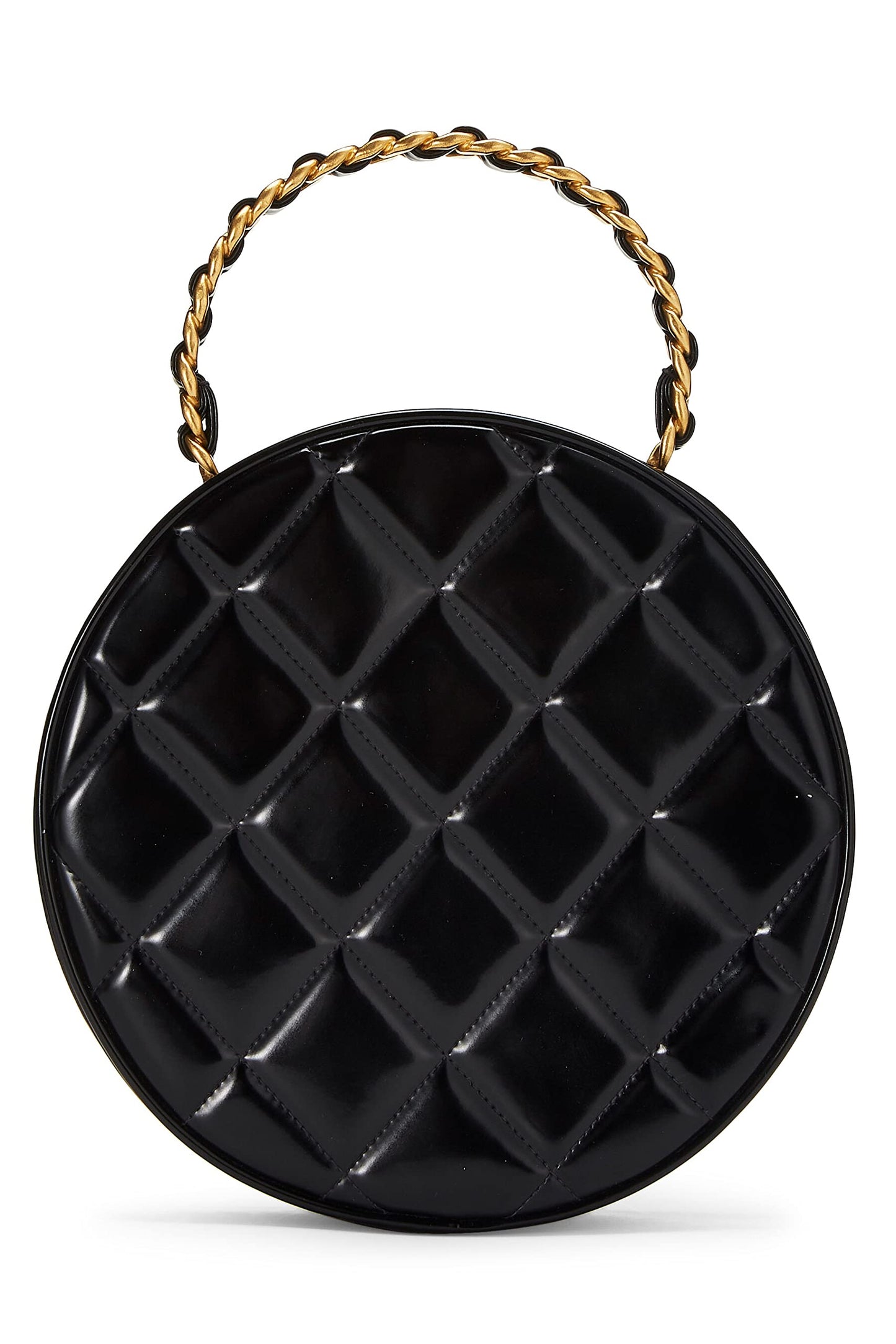 Chanel, Pre-Loved Black Quilted Patent Leather Round 'CC' Bag, Black