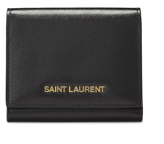 Yves Saint Laurent, portefeuille à trois volets en cuir verni noir d'occasion, noir