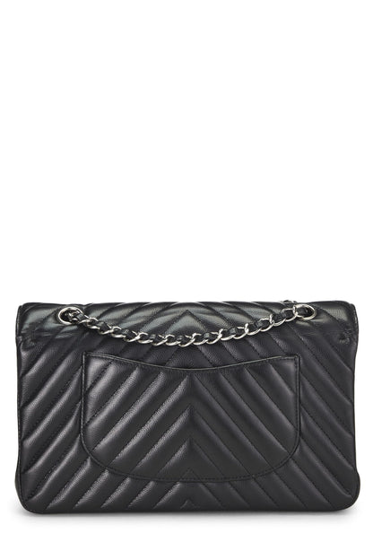 Chanel, sac à main classique à double rabat Black Chevron Caviar Medium d'occasion, noir