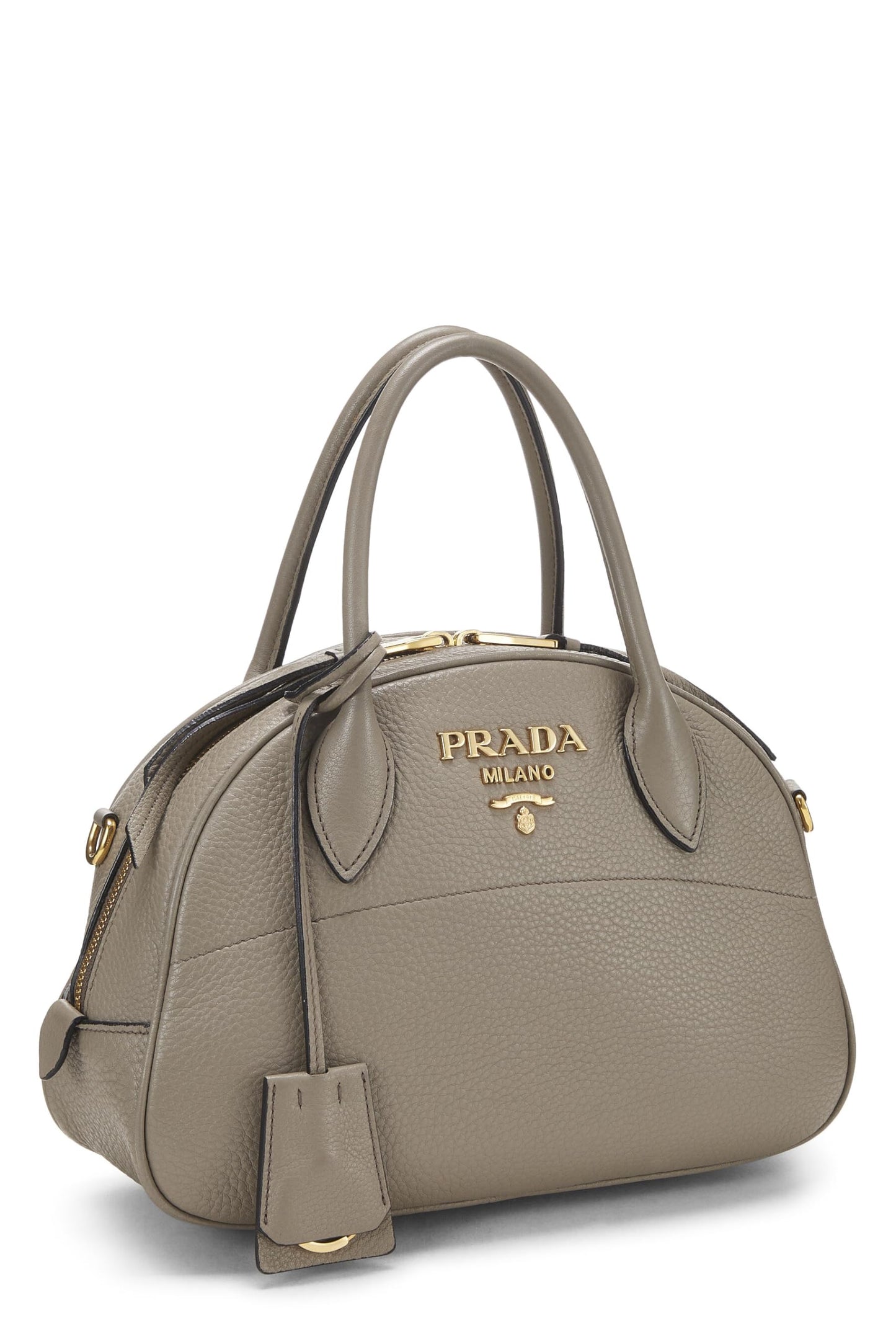 Prada, petit sac bowling convertible Vitello Daino gris d'occasion, gris