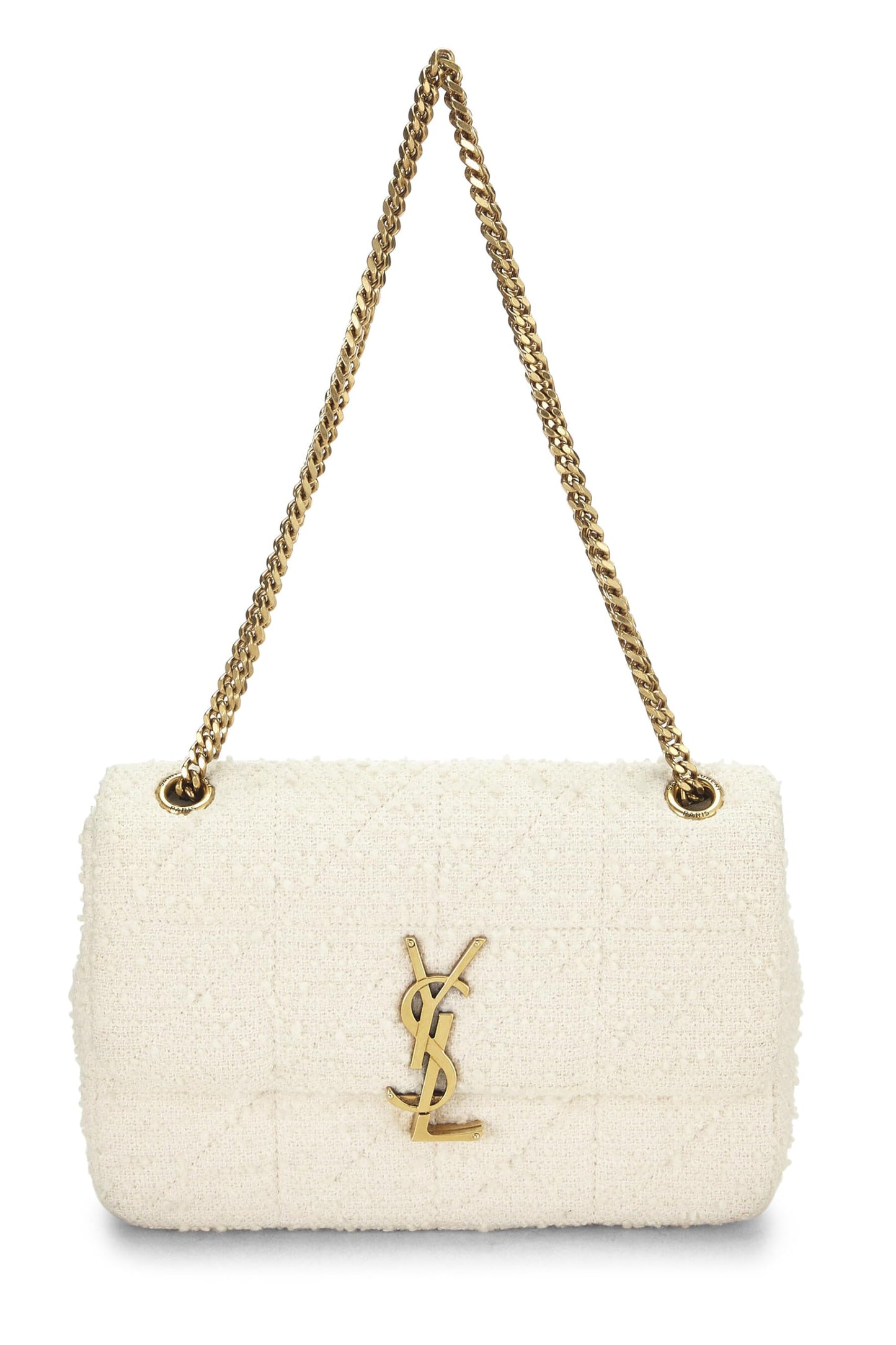 Yves Saint Laurent, Bolso de hombro mediano con solapa Jamie de tweed blanco Pre-Loved, Blanco