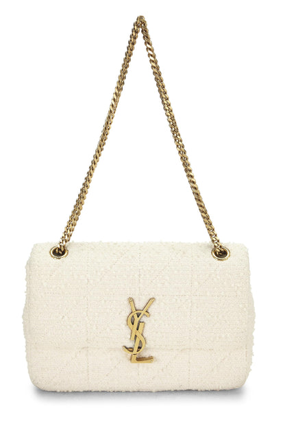 Yves Saint Laurent, Bolso de hombro mediano con solapa Jamie de tweed blanco Pre-Loved, Blanco