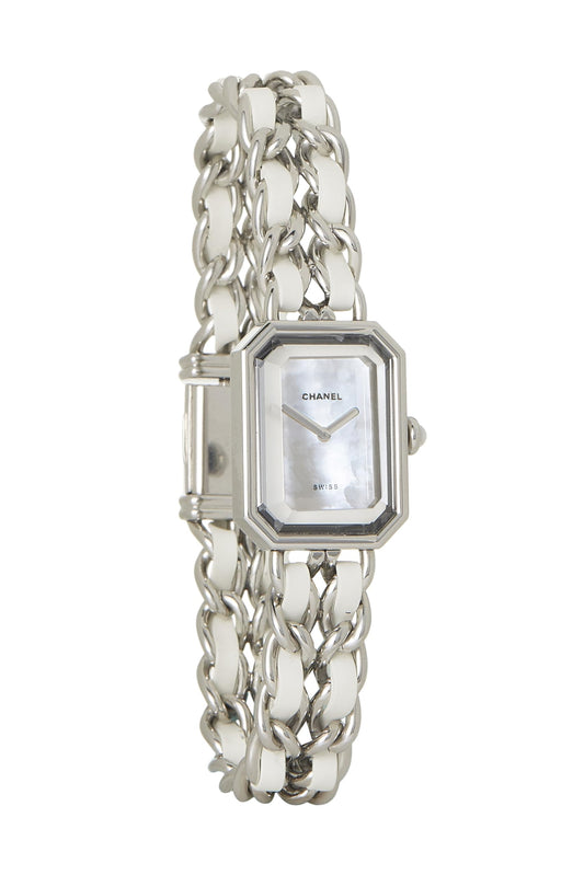 Chanel, Reloj Premiere XL de cuero blanco y plateado Pre-Loved, Blanco