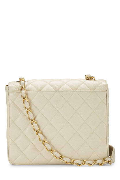 Chanel, sac à rabat carré Big « CC » matelassé en caviar blanc d'occasion, blanc