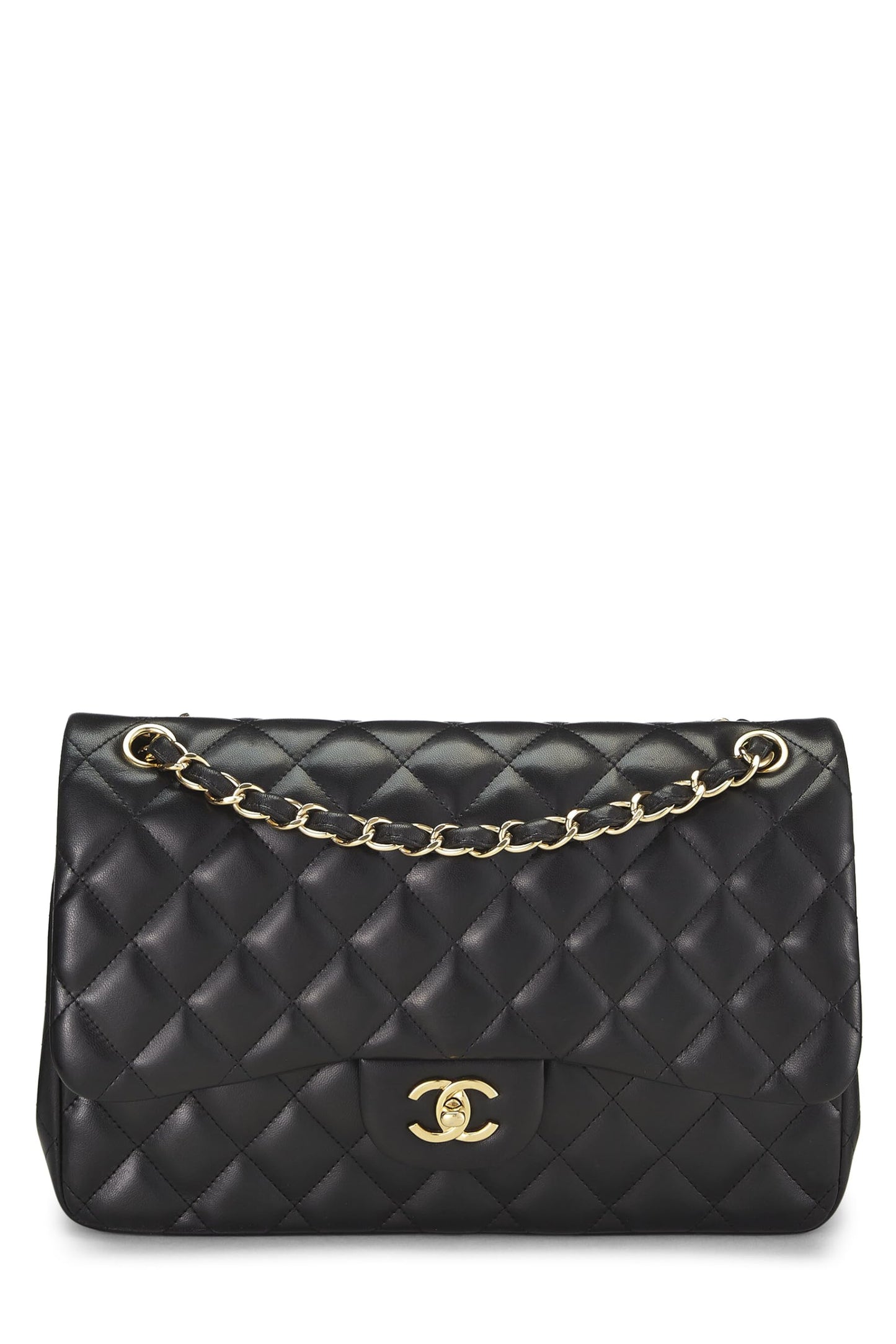 Chanel, Piel de cordero acolchada negra Pre-Loved New Classic Jumbo con doble solapa, Negro