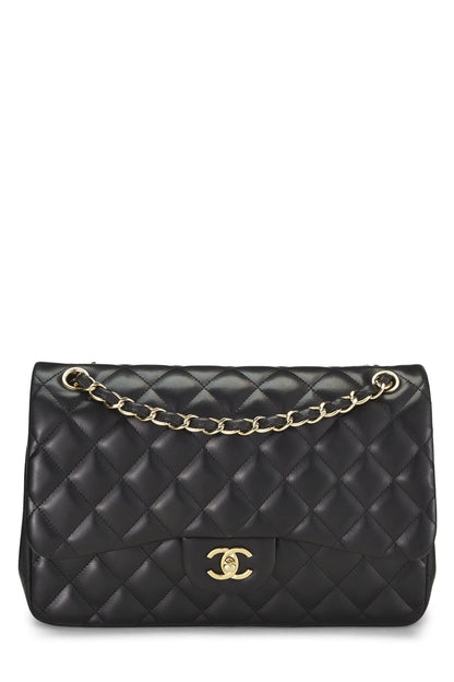 Chanel, sac à main jumbo à double rabat en cuir d'agneau matelassé noir d'occasion, noir