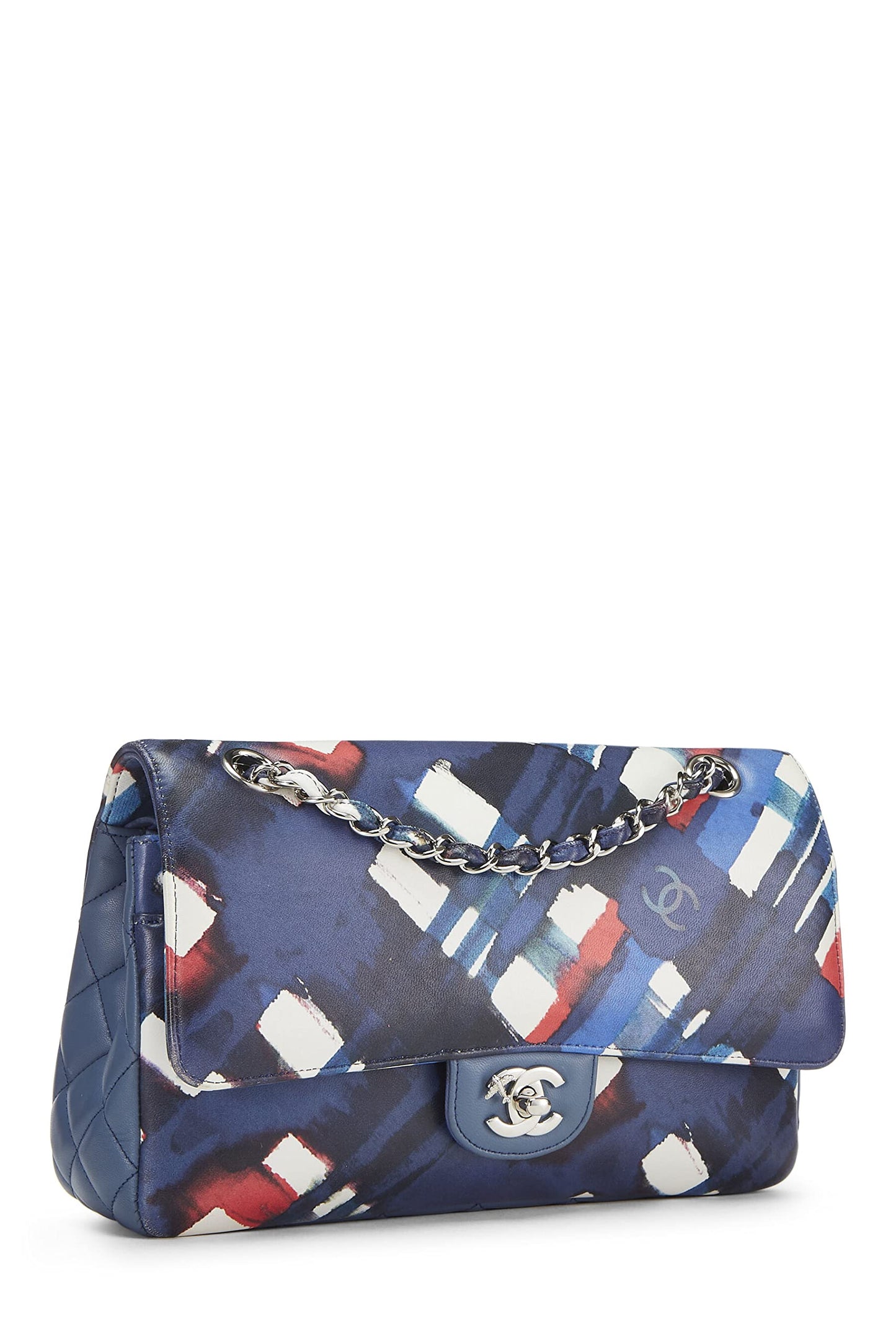 Chanel, sac à main Airline Classic Double Flap Medium en cuir de veau bleu et rouge d'occasion, bleu