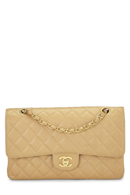 Chanel, sac à rabat double classique matelassé beige caviar d'occasion, taille M, beige