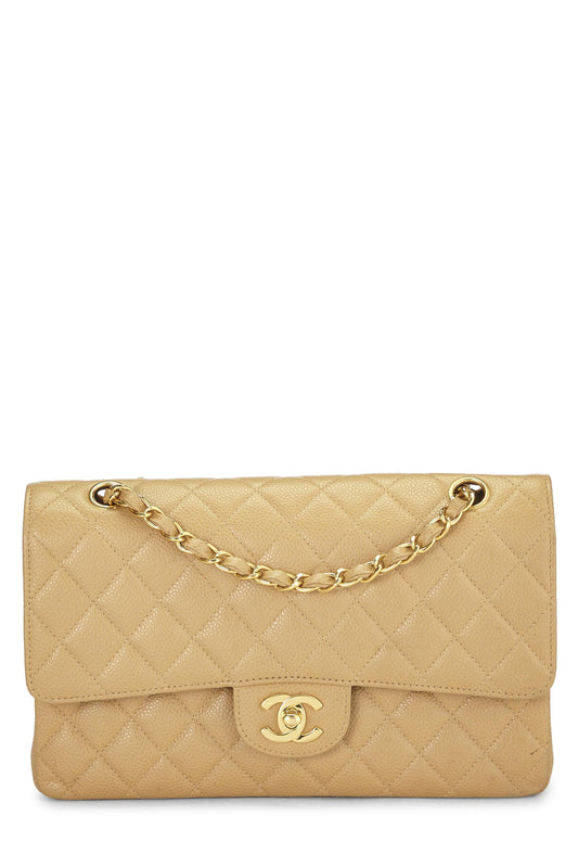 Chanel, sac à rabat double classique matelassé beige caviar d'occasion, taille M, beige