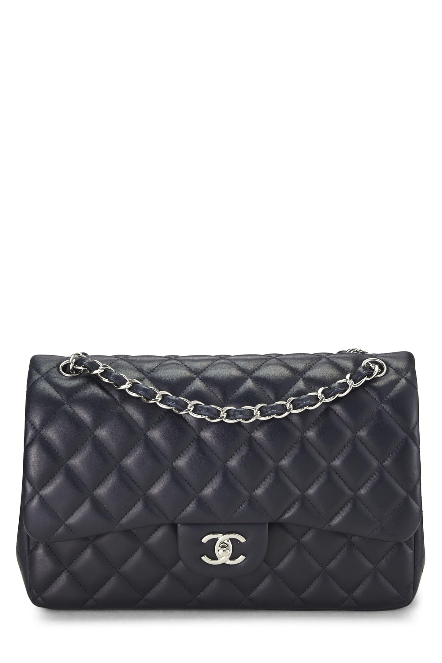 Chanel, Piel de cordero acolchada azul Pre-Loved New Classic Jumbo con doble solapa, Azul