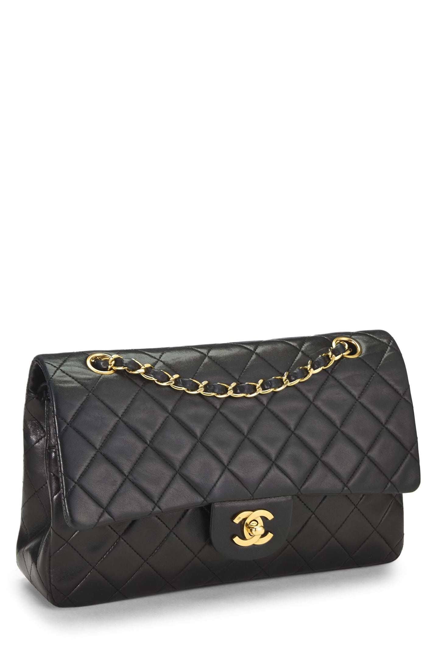 Chanel, Solapa doble clásica de piel de cordero acolchada negra Pre-Loved Mediana, Negro