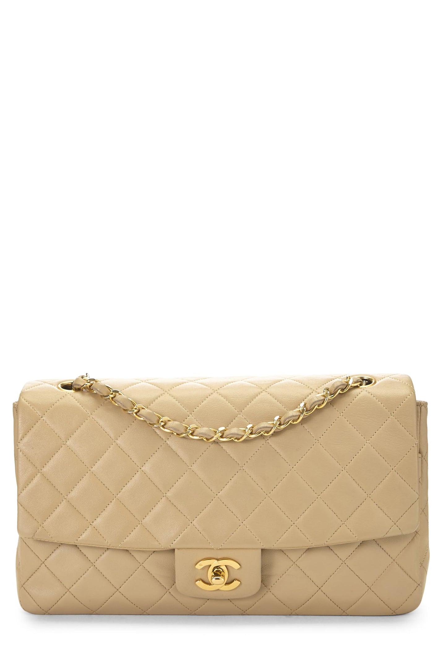 Chanel, sac à rabat moyen en cuir d'agneau matelassé beige d'occasion, beige