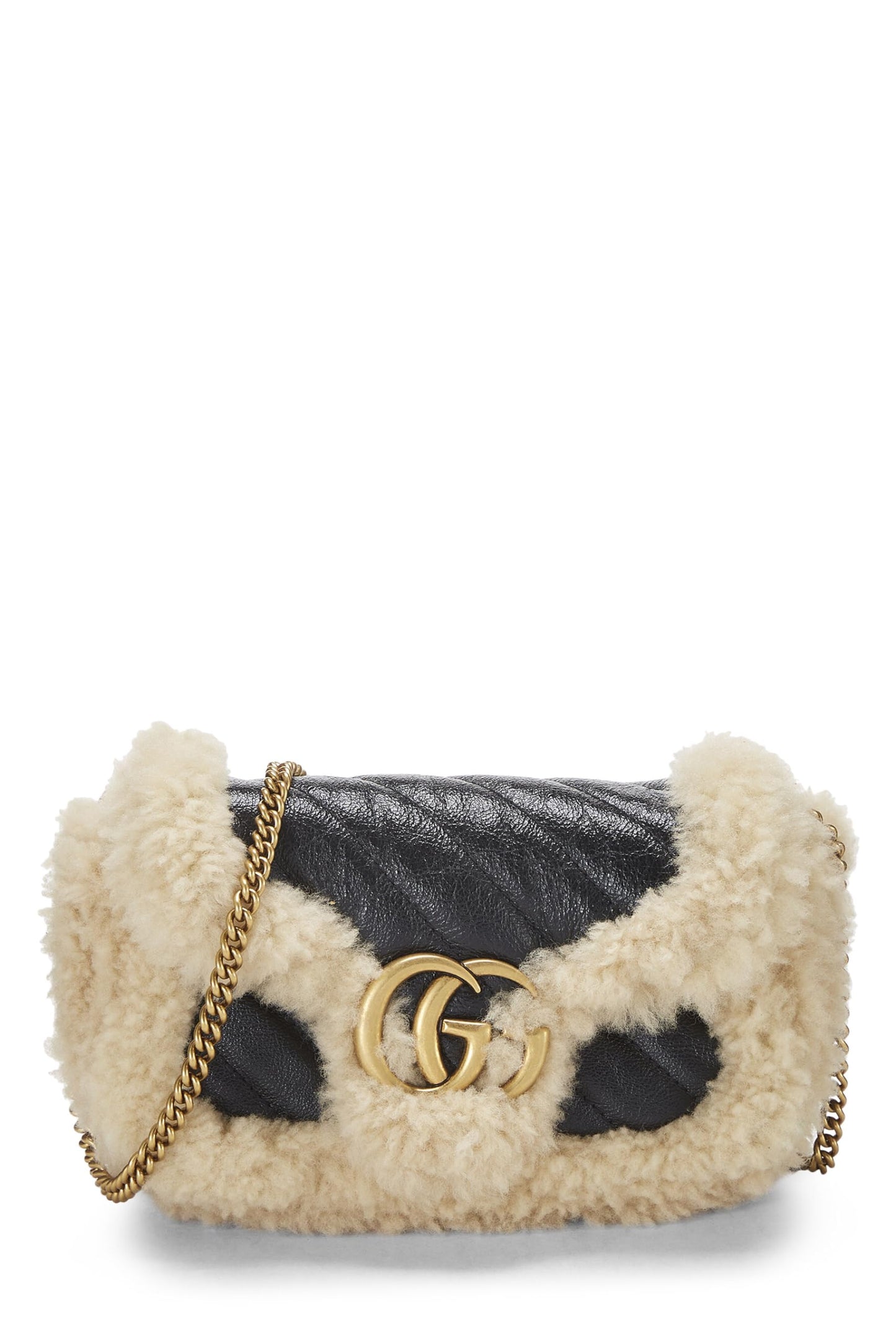 Gucci, sac à bandoulière GG Marmont Mini en cuir noir et peau de mouton, d'occasion, noir