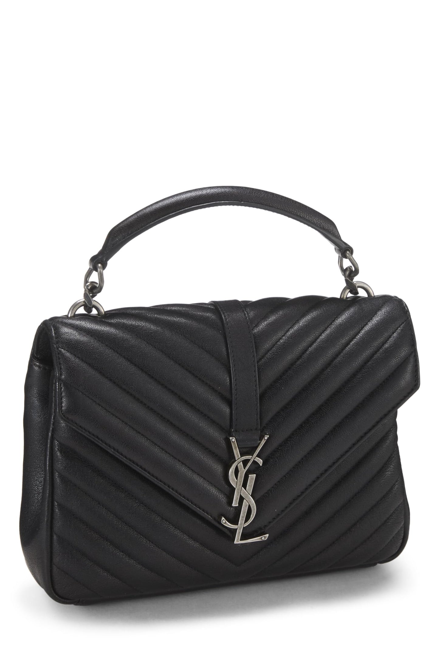 Yves Saint Laurent, College Medium en cuir à chevrons noirs d'occasion, noir