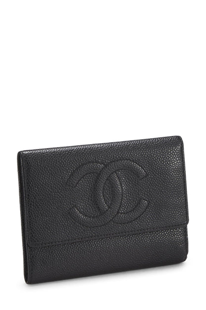 Chanel, portefeuille à rabat Timeless « CC » en caviar noir d'occasion, noir