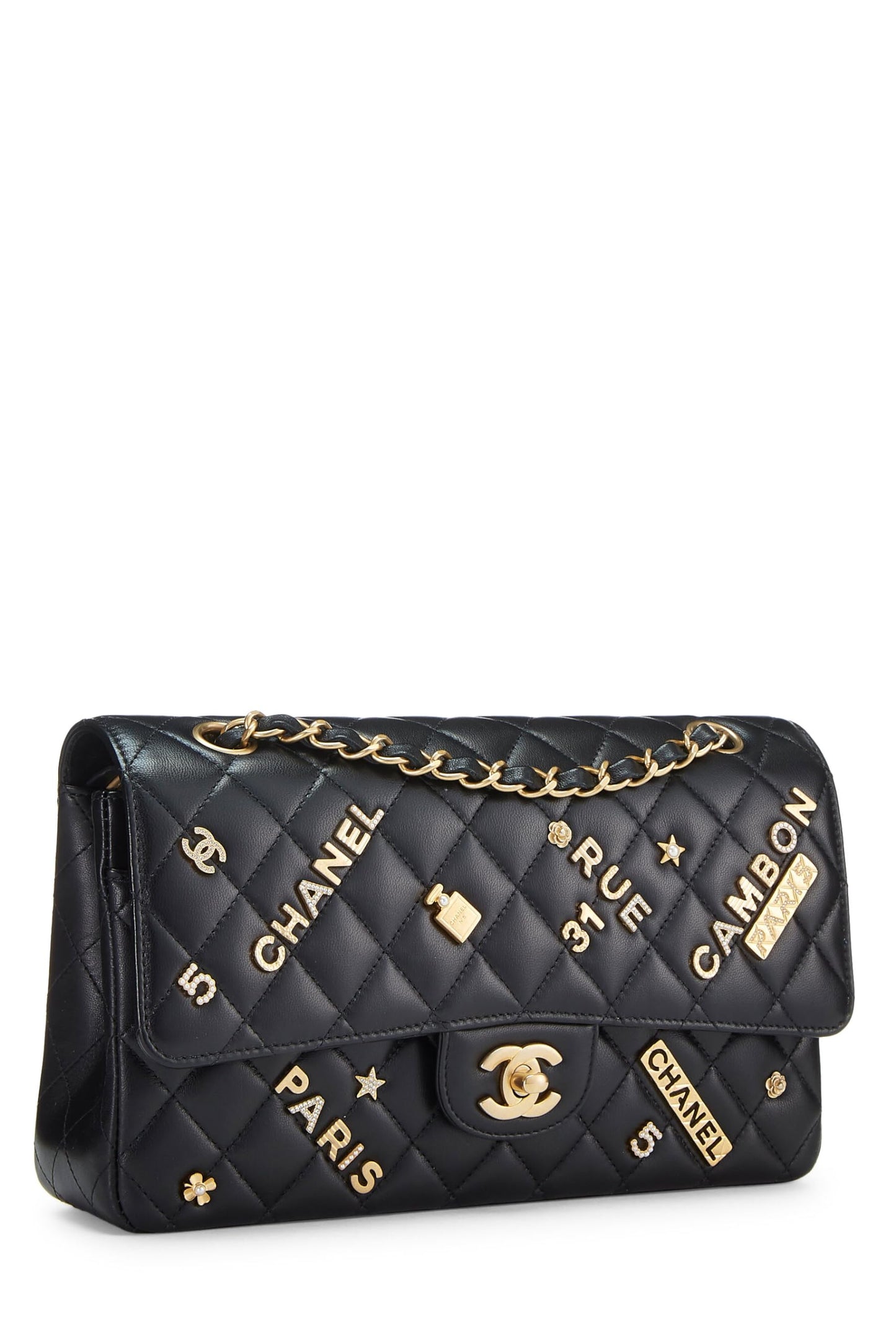 Chanel, Porte-monnaie Lucky Charm à double rabat en cuir d'agneau noir de taille moyenne, d'occasion, noir