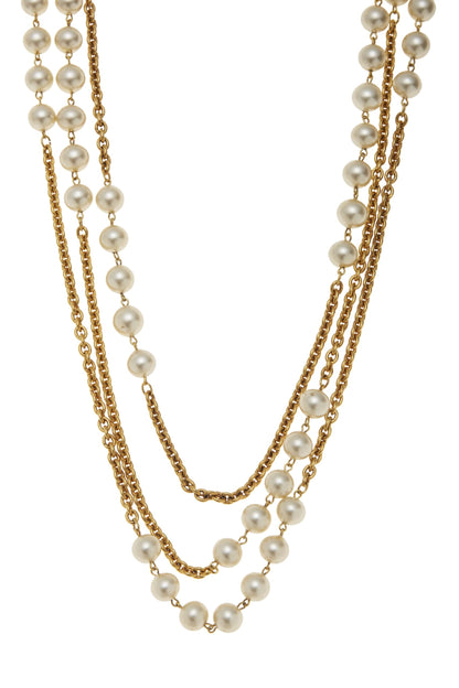 Chanel, Collier XL en or et fausses perles d'occasion, doré