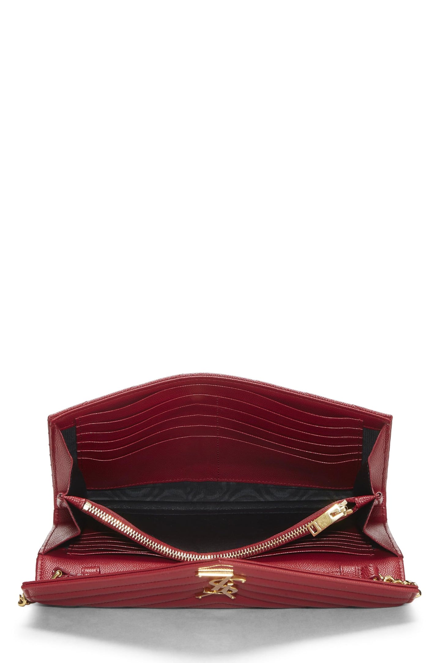 Yves Saint Laurent, Cartera con cadena tipo sobre de piel de becerro granulada roja Pre-Loved (WOC), Rojo