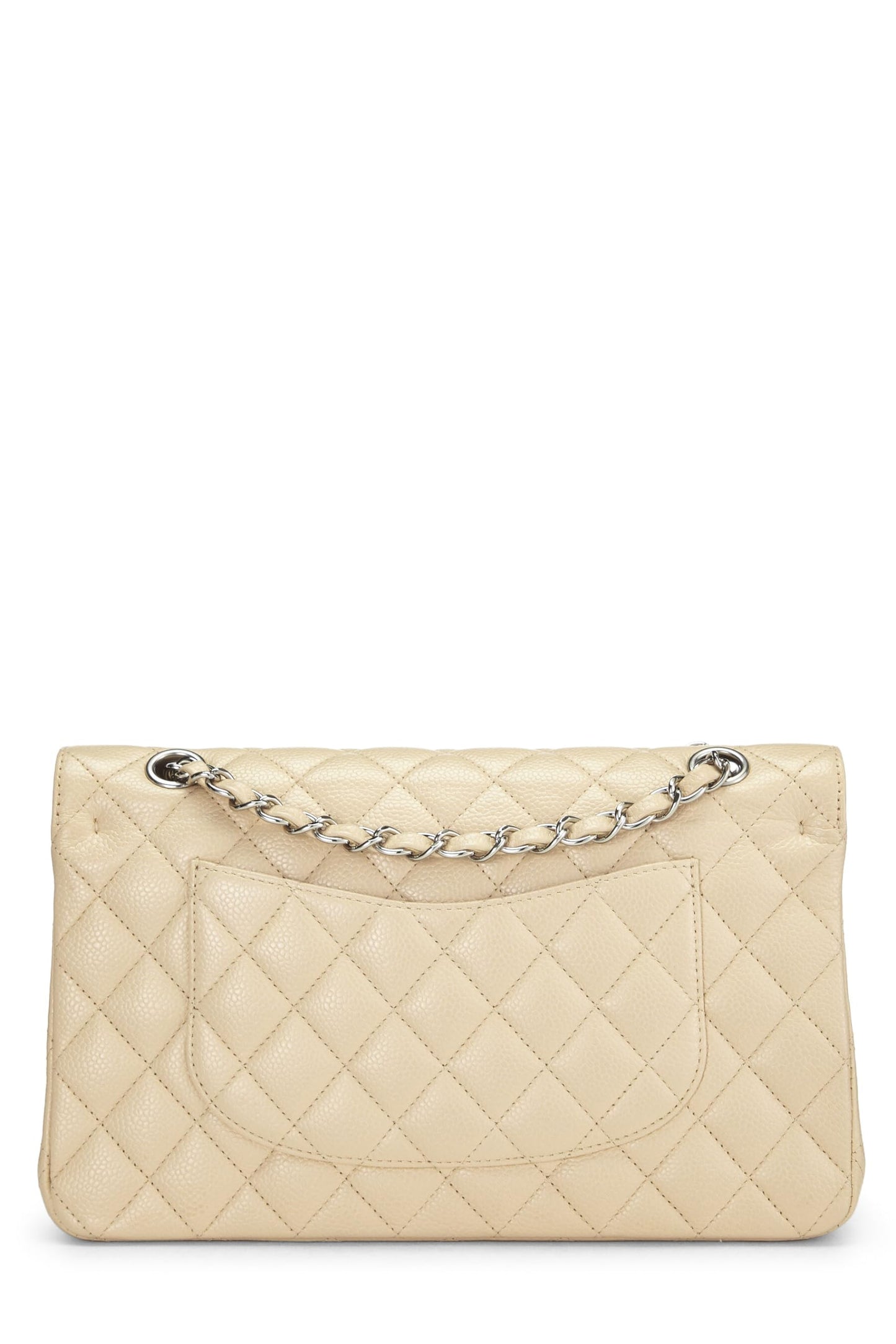 Chanel, sac à rabat double classique matelassé beige caviar d'occasion, taille M, beige