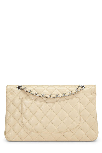 Chanel, sac à rabat double classique matelassé beige caviar d'occasion, taille M, beige