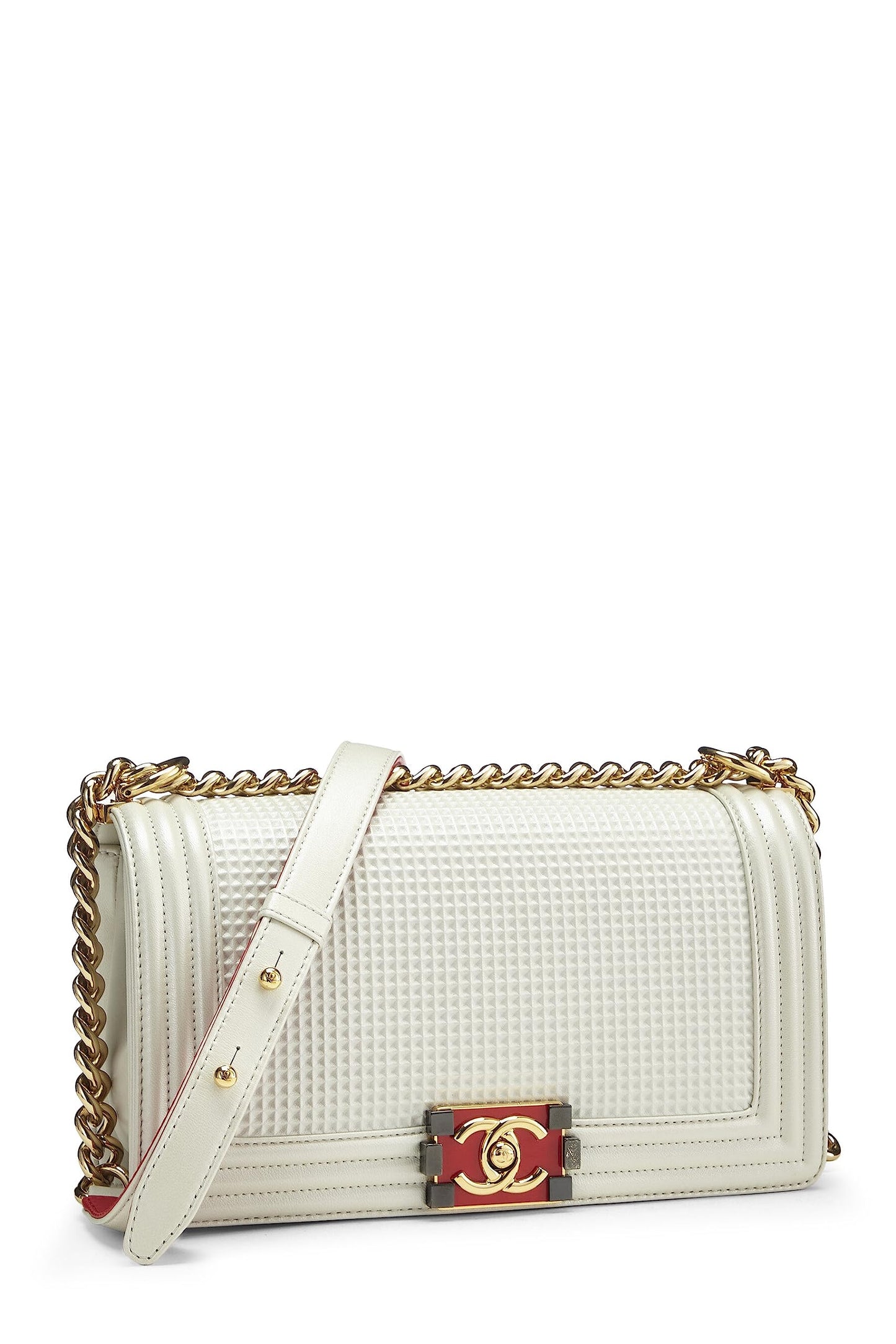 Chanel, Pre-Loved White Cube Embossed Leather Boy Bag Medium, White