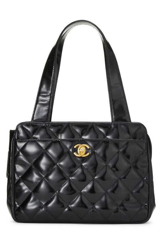 Chanel, sac à main en cuir verni matelassé noir d'occasion, petit modèle, noir