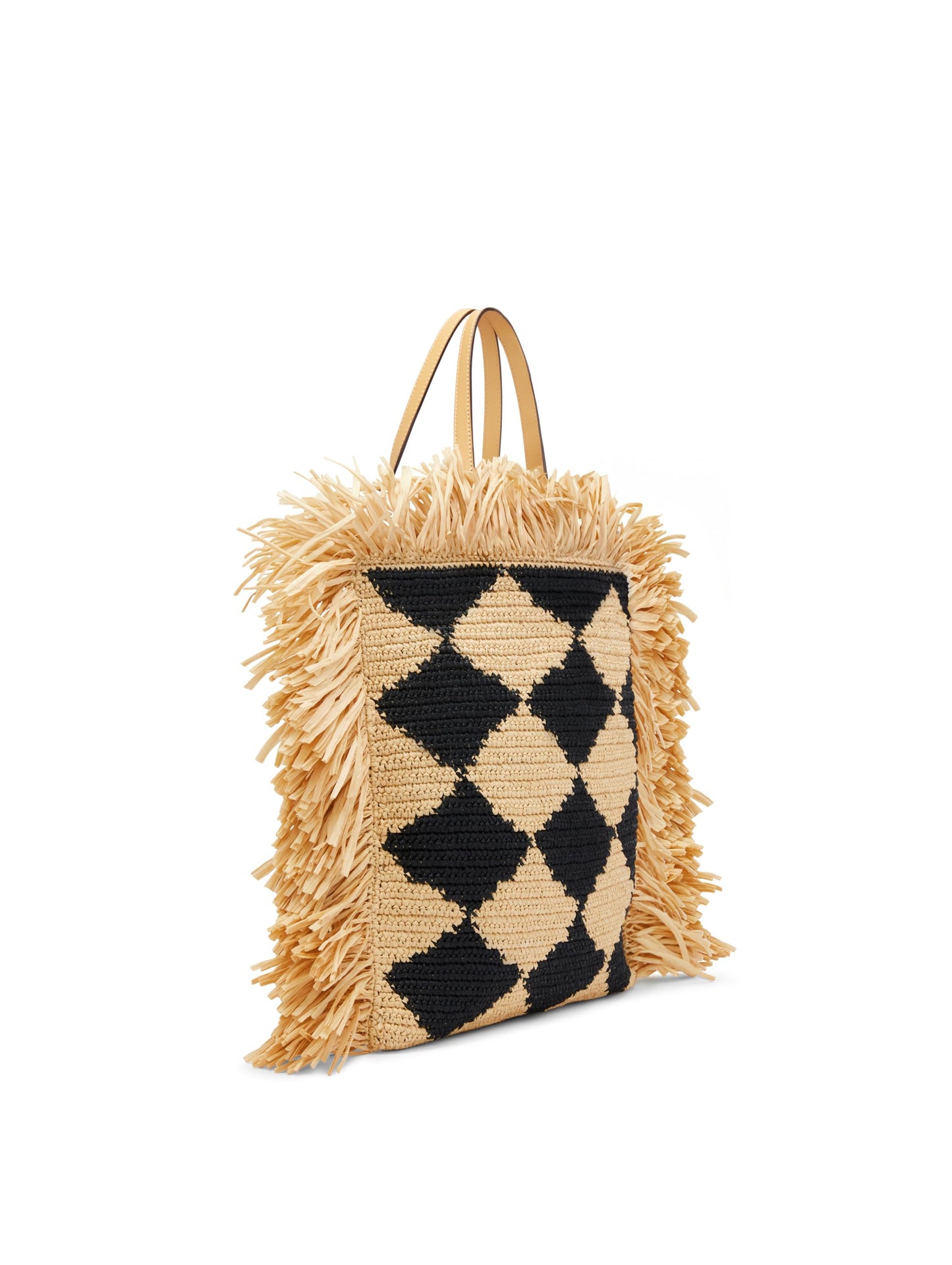 Oscar de la Renta, Tote plano de crochet de rafia a cuadros, Negro natural