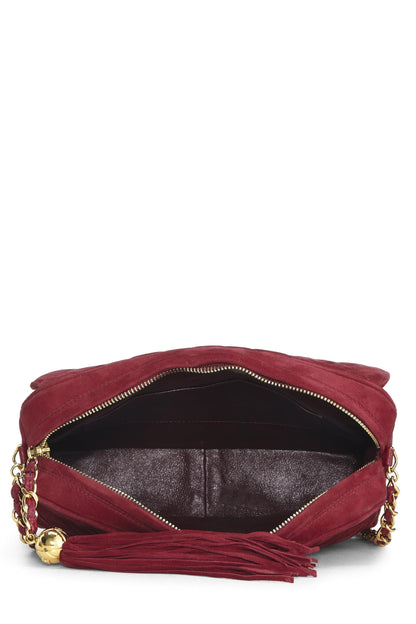 Chanel, sac pour appareil photo de poche matelassé en daim rouge d'occasion de taille moyenne, rouge